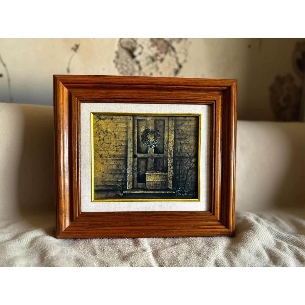 Vintage Framed Pat Richter Apple Wreath Print Rustic Cottage Wall Art